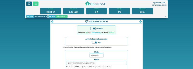 OpenEVSE config for self production