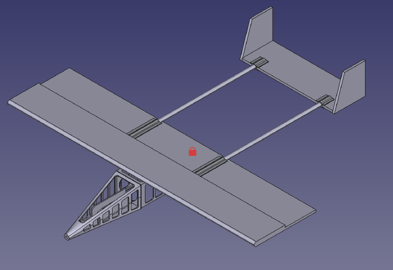 An isometric view of a twin boom pusher plane with a skeletal fuselage